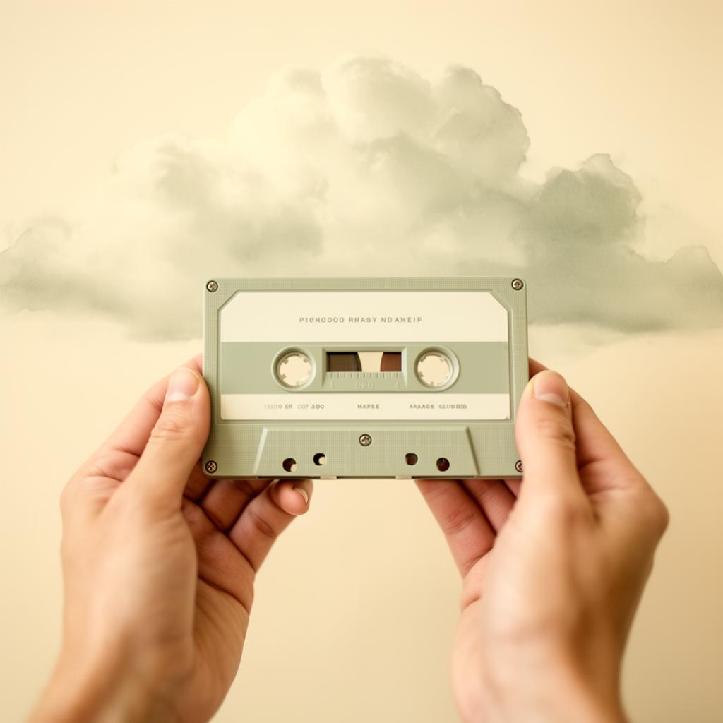 Hands holding a sage and cream Affirmation Mixtape cassette in front of a soft cloud